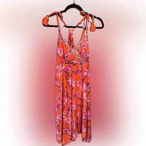 NWT Large INC Tropic Heat Lily Field Midi Dress - Orange, Purple & White